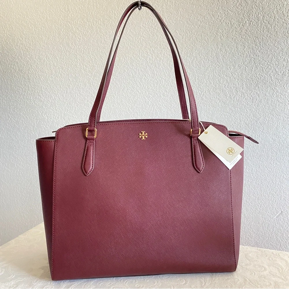 Tory Burch burgundy Saffiano leather Top Zip Tote Bag